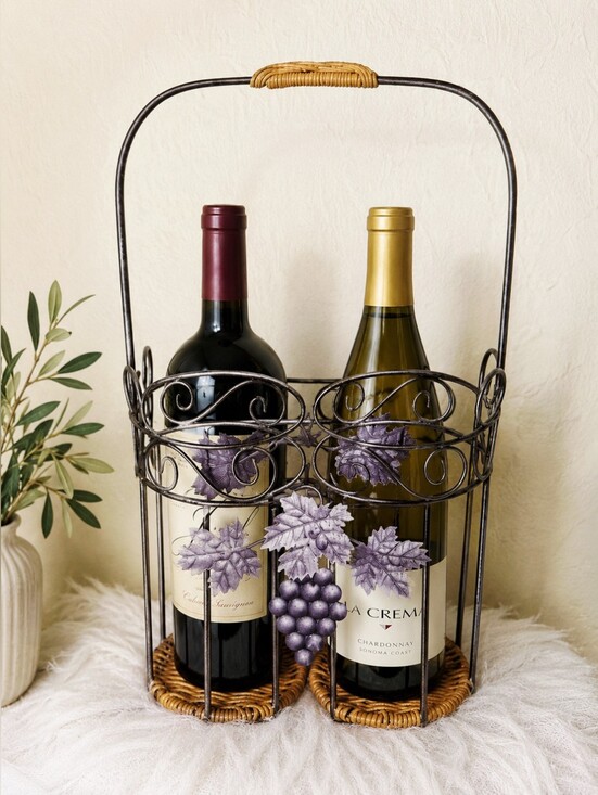 Other - Metal & Wicker Double Wine Carrier with Metal Grapes & Leaves